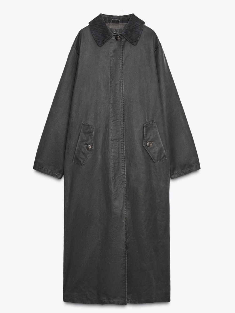 Zara Women’s Waxed Trench Coat with Corduroy Collar NWT XS/S Anthracite Gray